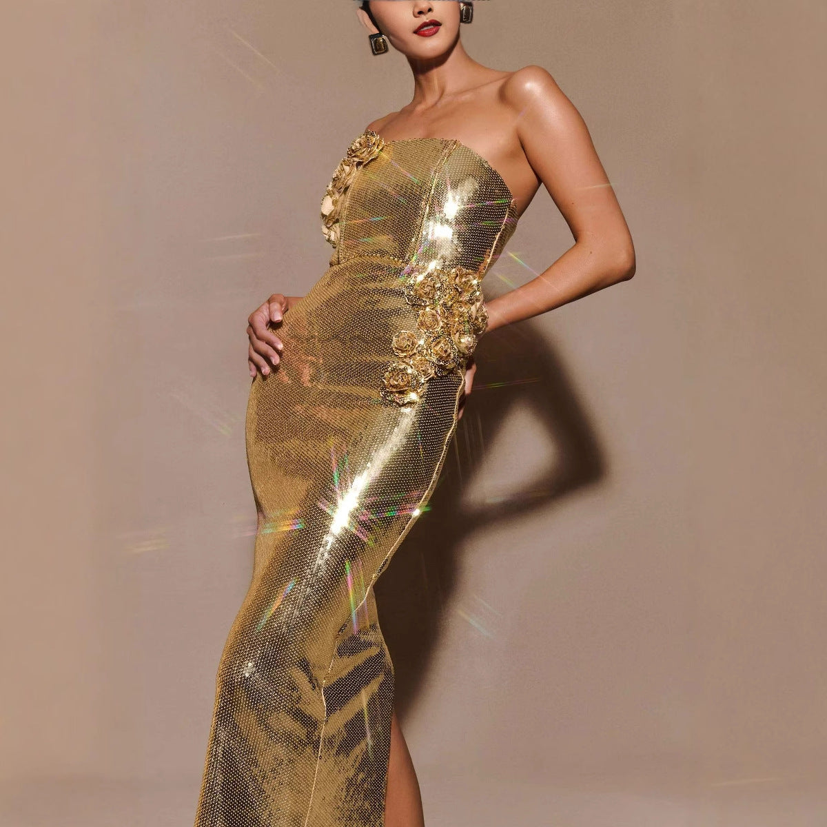 Womens Golden 3D Floral Tube Dress