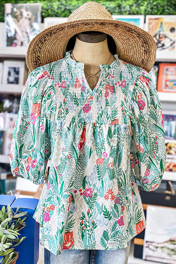 Bell Sleeve Gathers Cotton V-neck Gathers T-shirt