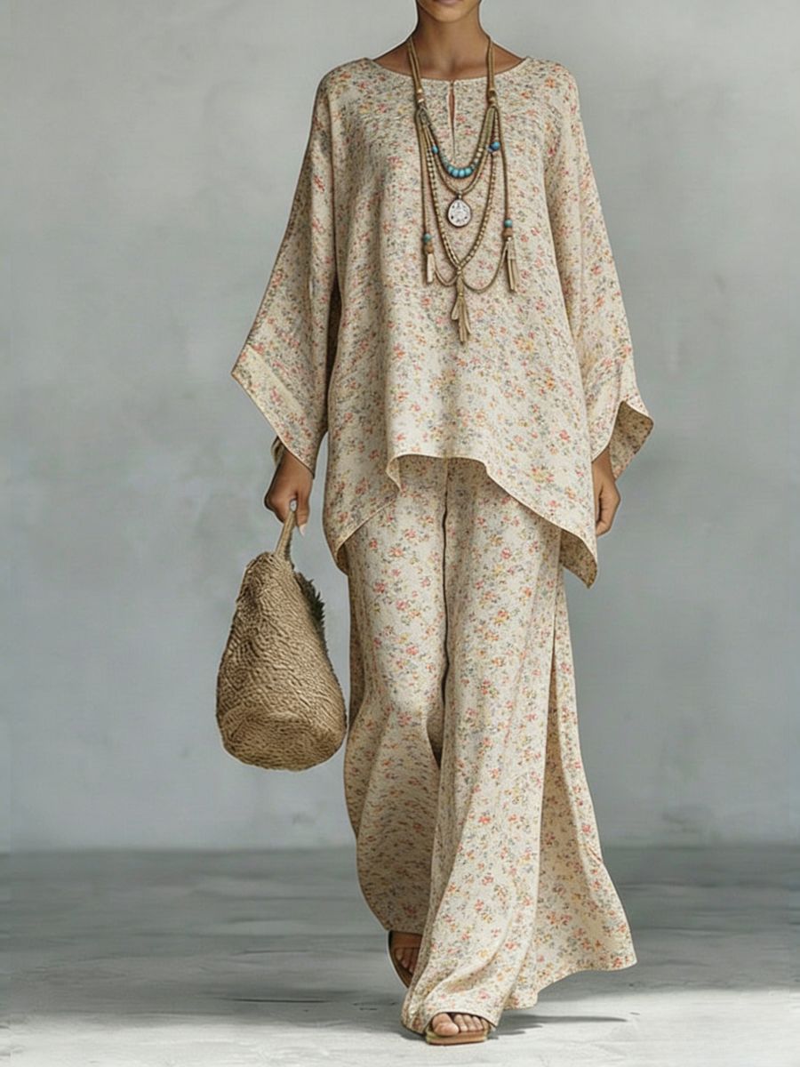 Women's Floral Print Linen Wide-Leg Two-Piece Set