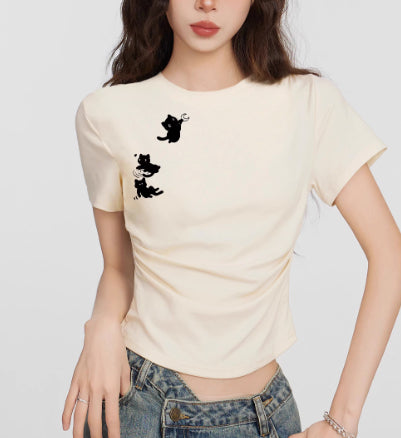 White Cat Round Neck Shoulder Short Sleeve