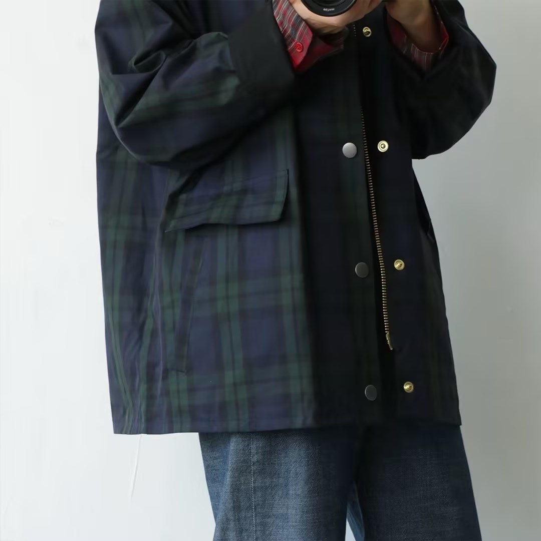 Japanese-style Retro Green Plaid Corduroy Turn-down Collar Coat