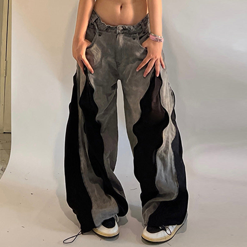 Personality Contrast Color Stitching Low Waist Casual Pants Zipper Design