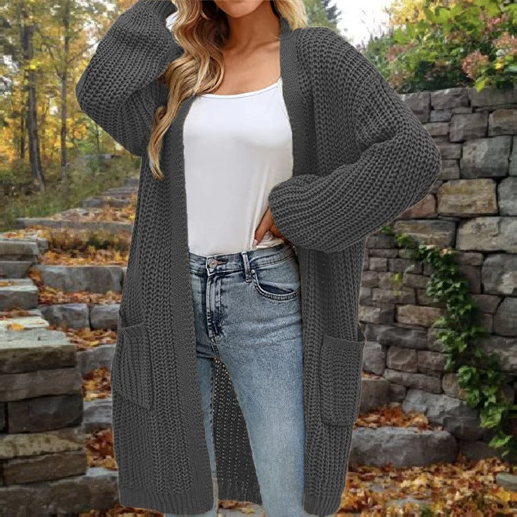 Europæisk og amerikansk løs lanterneærmetrøje Dame Cardigan Mellemlang Efterår og Vinter Lommekåbe