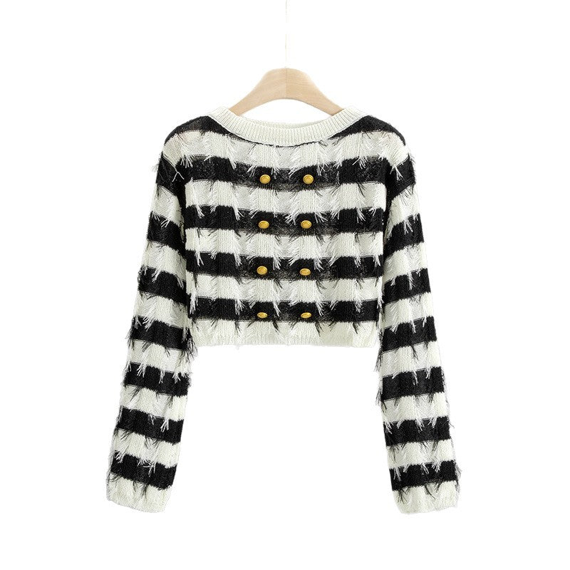 Langærmet Sweater Design Fransk Stil Off-the-neck Strikket Top