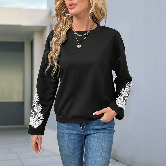 Pullover Top med Rund Hals og Kniplinger til Kvinder