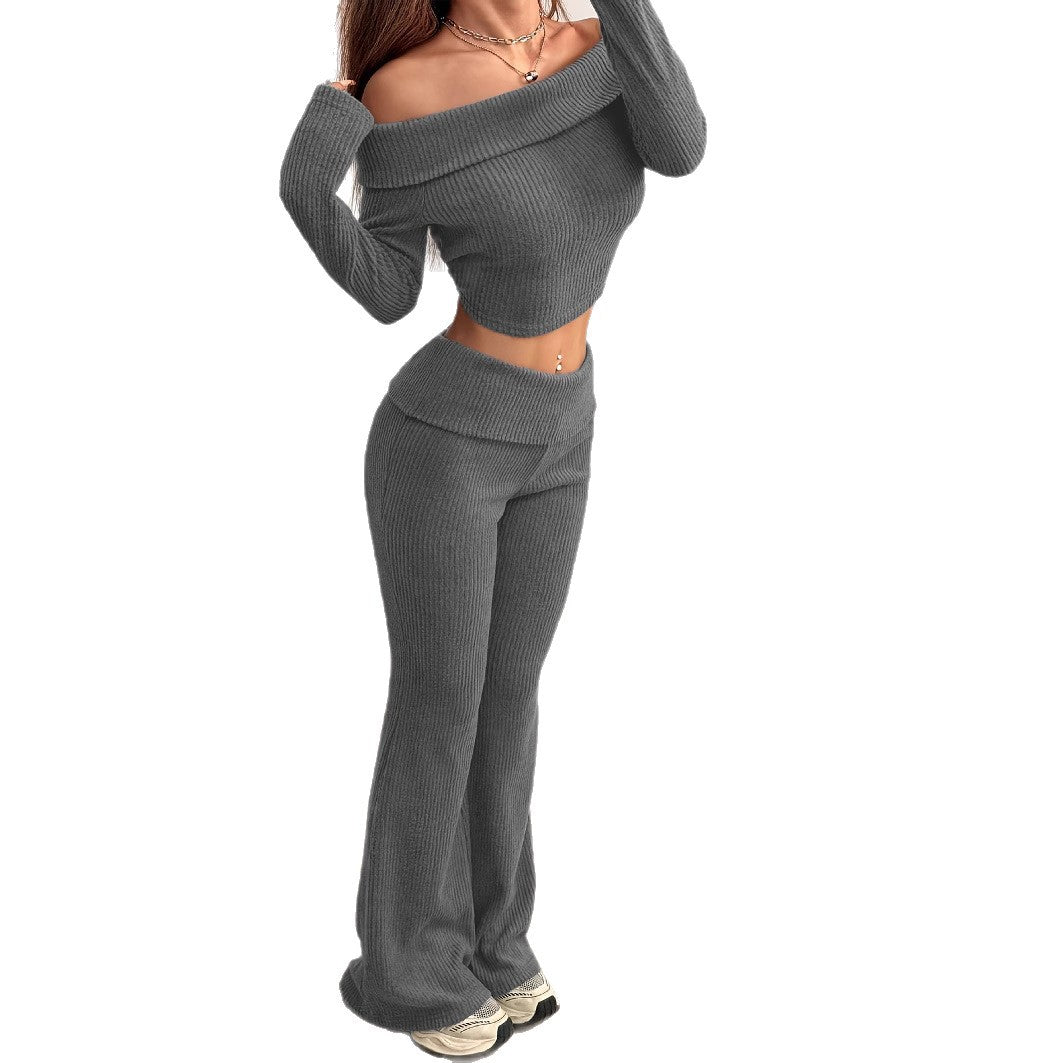 Women's Solid Color Off-Shoulder Long Sleeve Top And Flared Pants Set