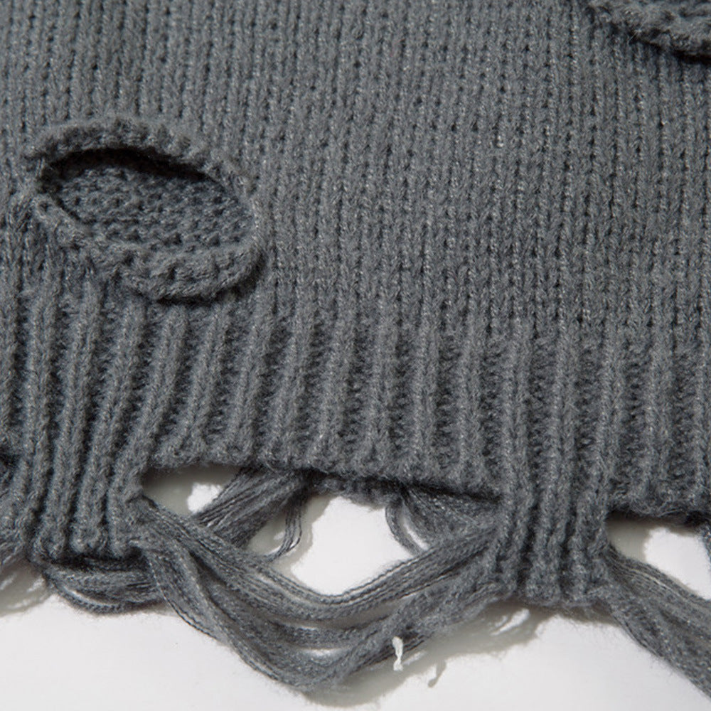 European And American Lazy Crocheted Ripped Round Neck Sweater Sweater