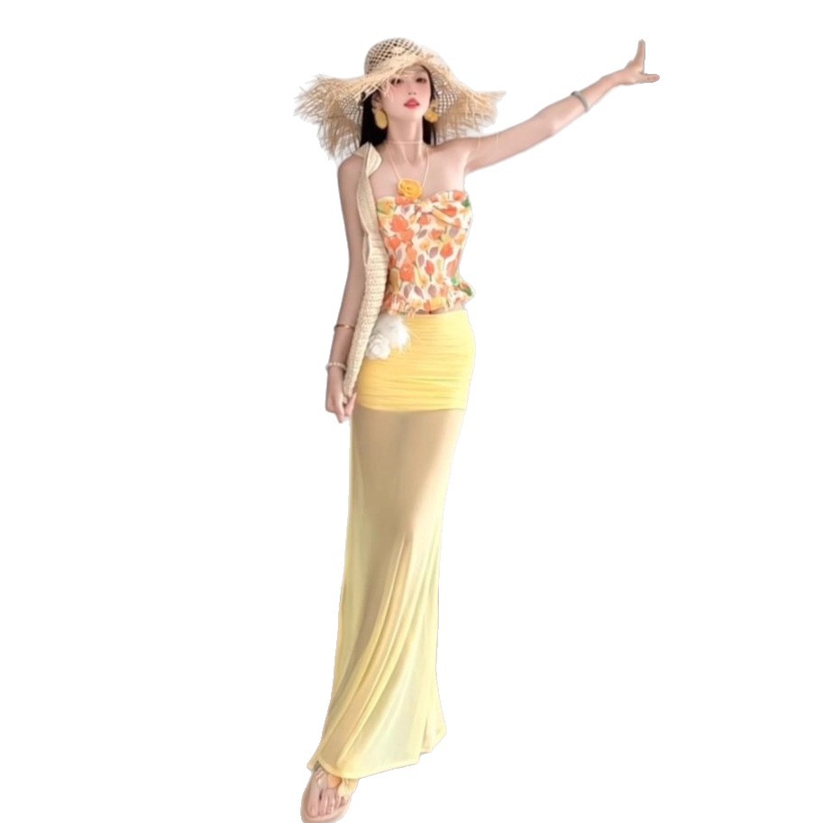 Elegant Printed Tube Top Mesh Sheath Skirt For Women