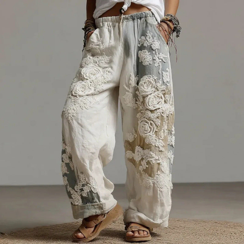 3D Floral Print Pattern Elegant Straight Women's Trousers