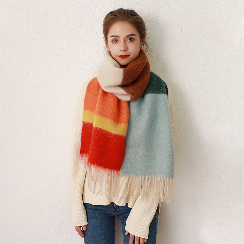 Striped Plaid Fringed Cashmere Mohair Scarf
