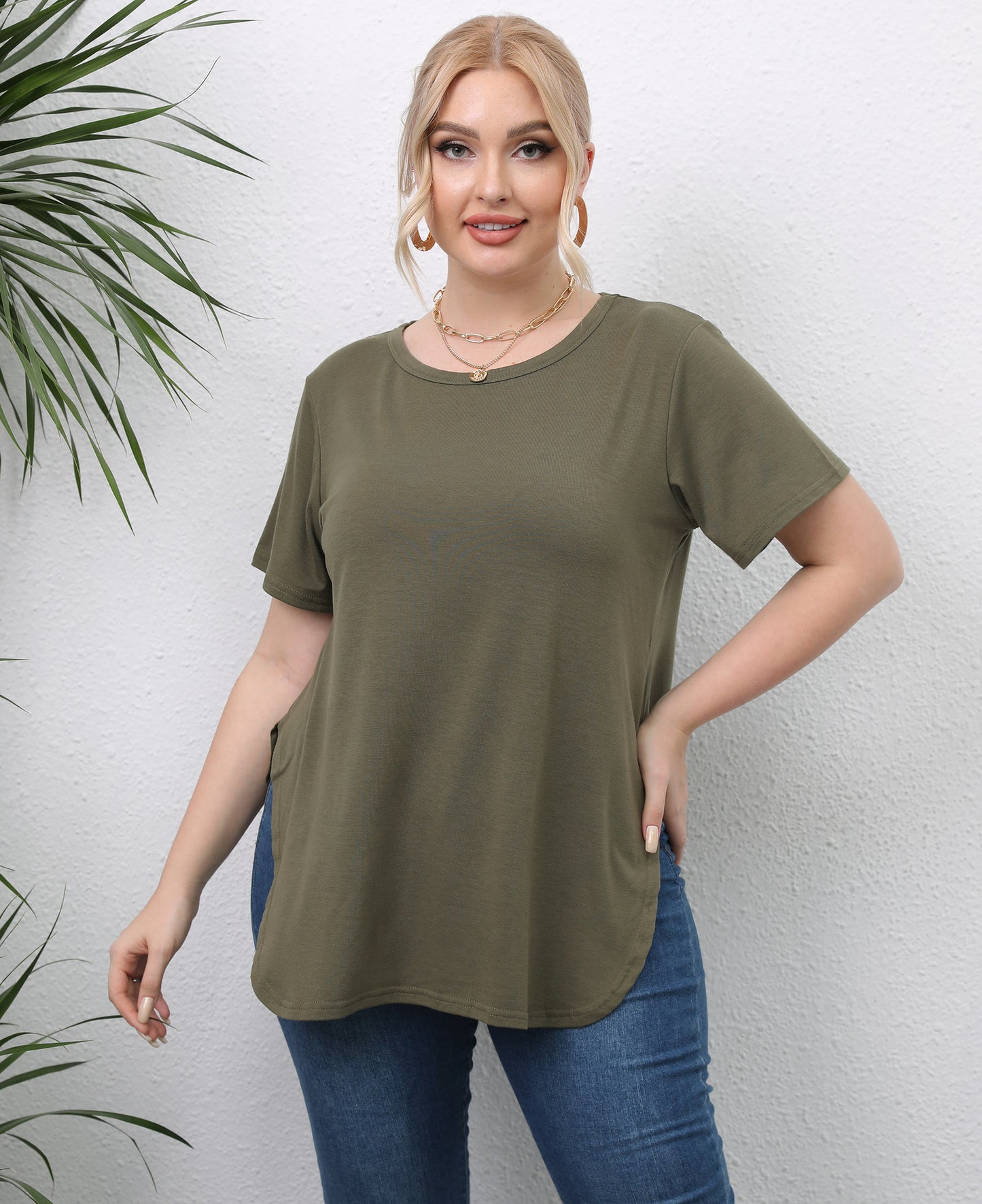 Casual Simple Top Round Neck Split Short-sleeved T-shirt