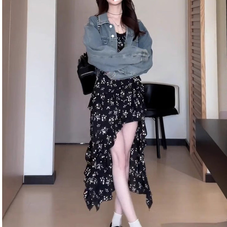 Black Floral Slip Dress Asymmetrical Midi Skirt