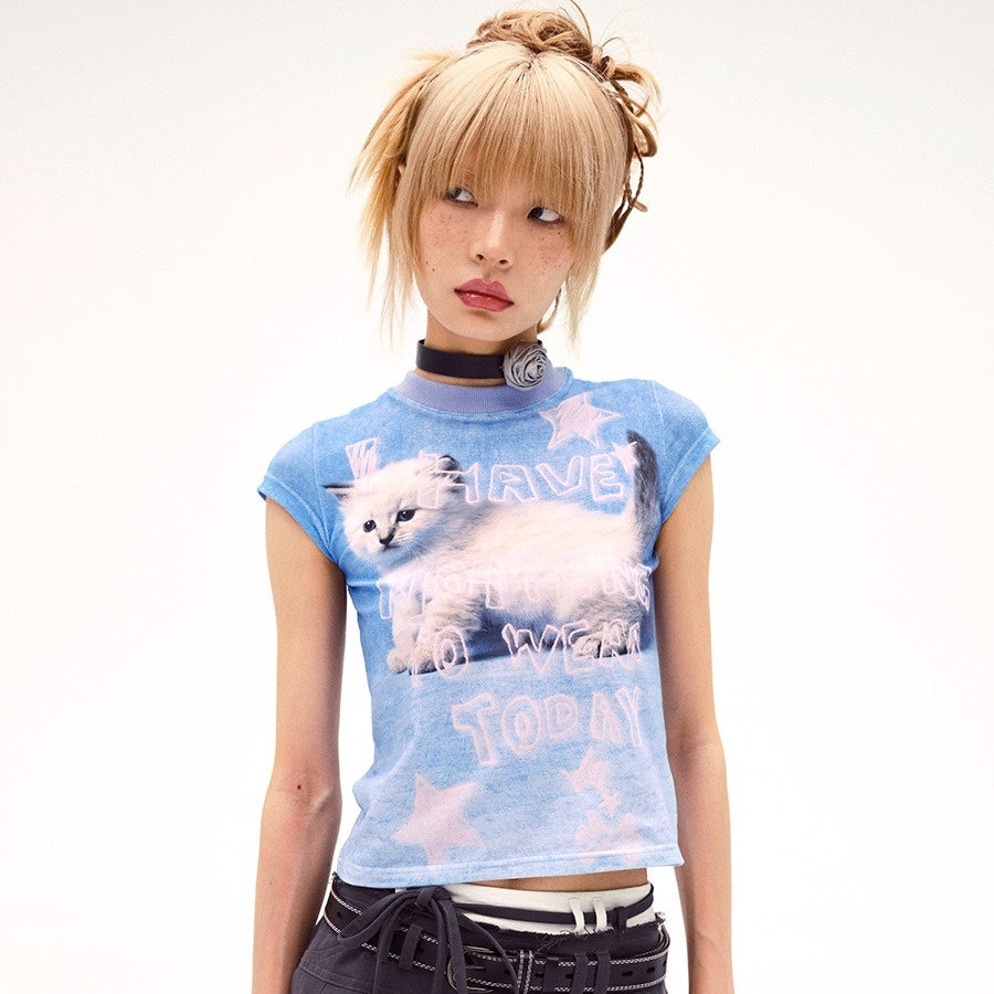 Vintage Print Round Neck Slim-fit Tops Women