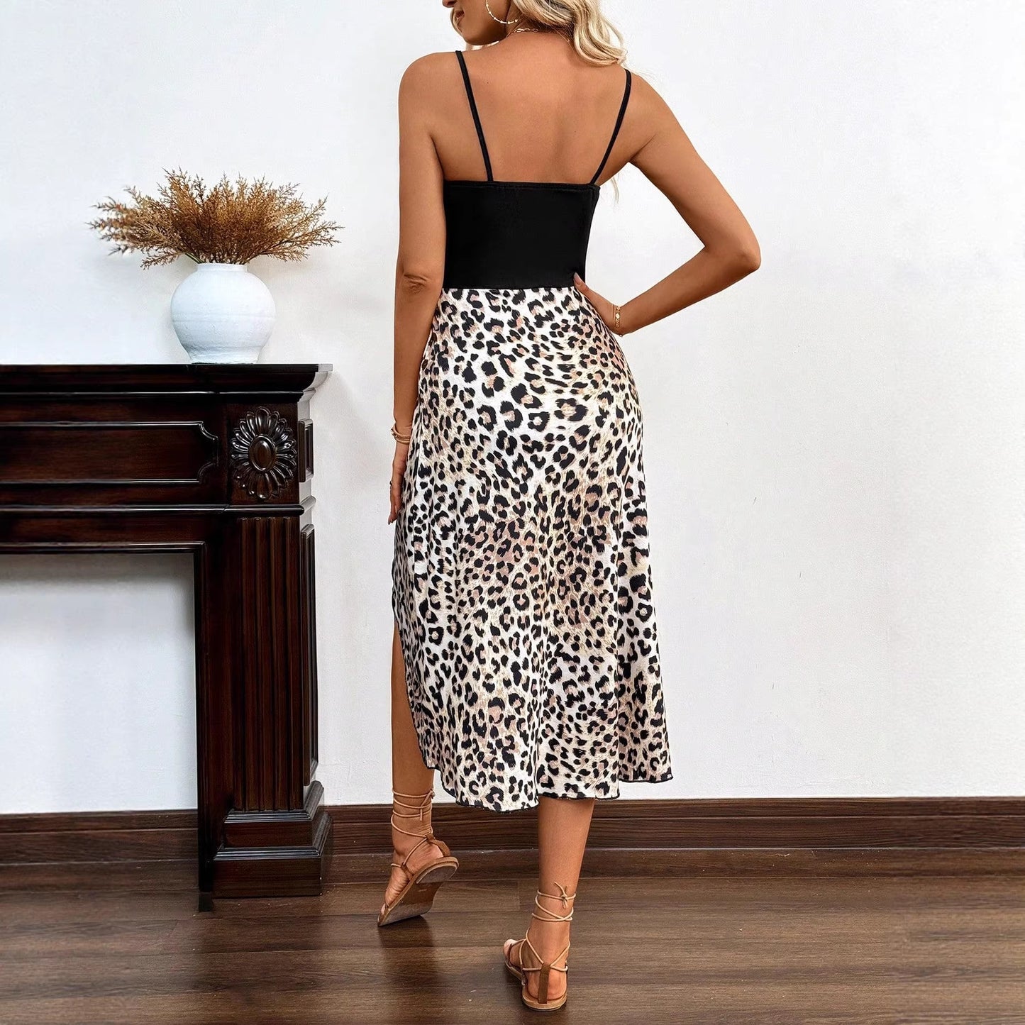 Leopard-Print Sexy Slip Dress With Slits Mid-Length Style