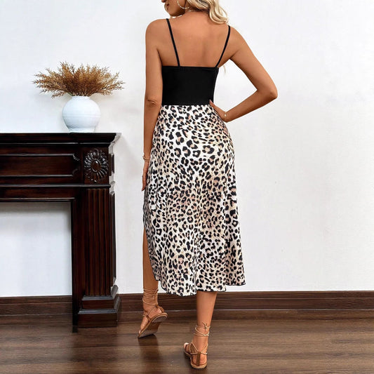 Leopard-Print Sexy Slip Dress With Slits Mid-Length Style