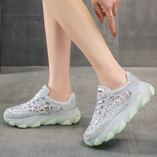 Womens Breathable Mesh Rhinestone Chunky-soled Trendy Dad Shoes