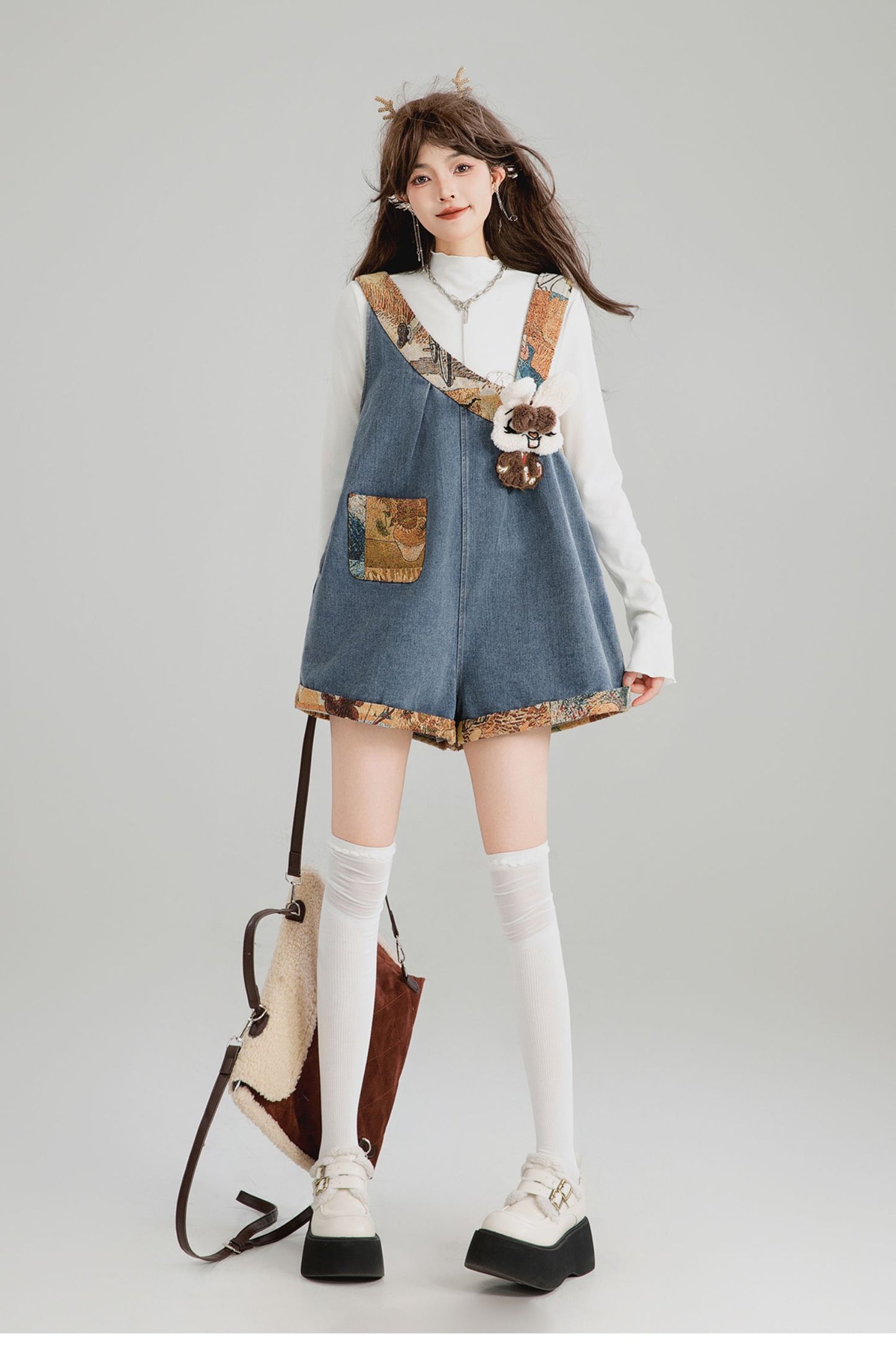 Girl Like Jacquard Patchwork Shoulder Strap Jeans