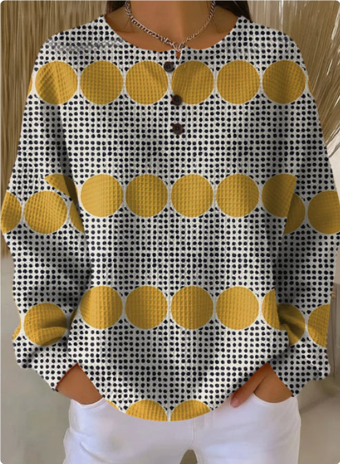 Womens Retro Printed Three-Button Stand-Up Collar Sweatshirt Top