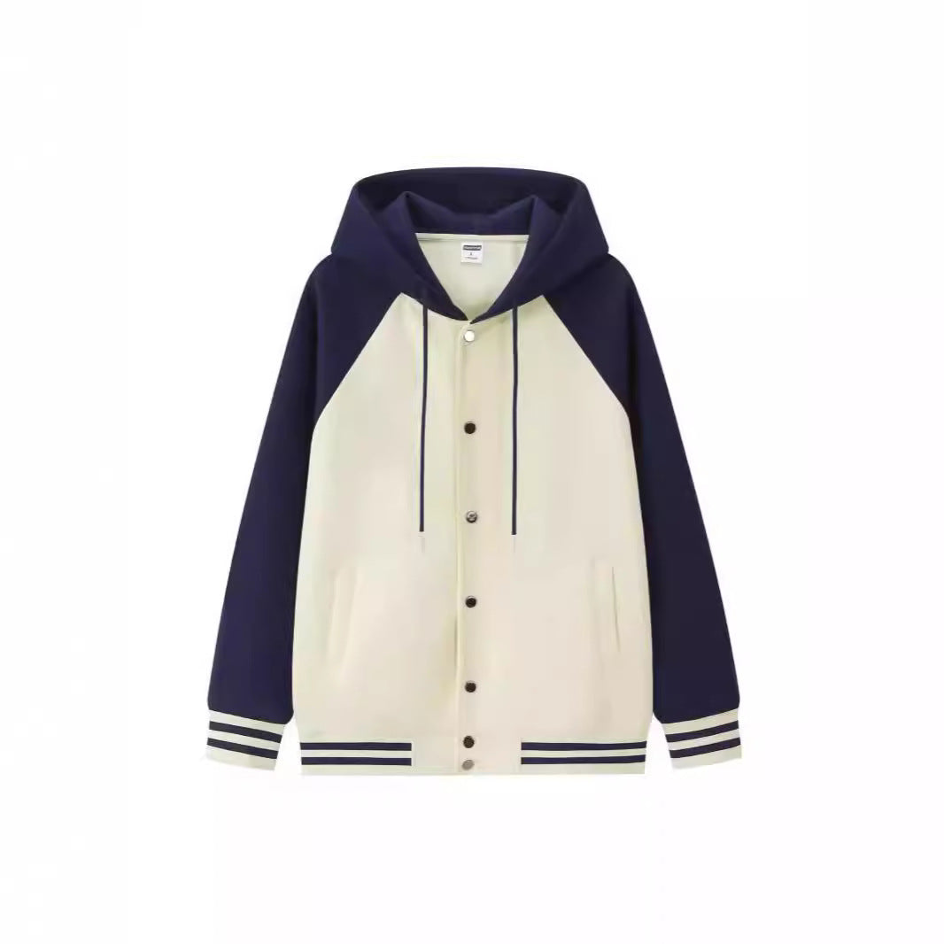 Trendy Cozy Cotton Color-blocked Loose-fitting Hooded Baseball Jacket For Fall And Winter