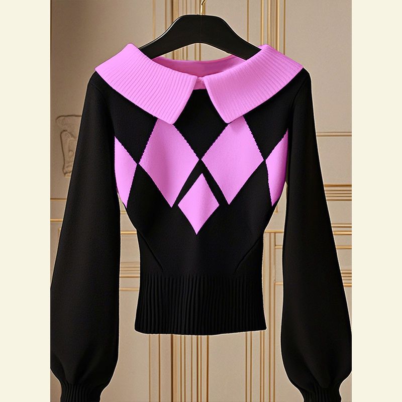 European Goods Western Style Unique Chic Niche Idle Style Black Diamond Plaid Sweater