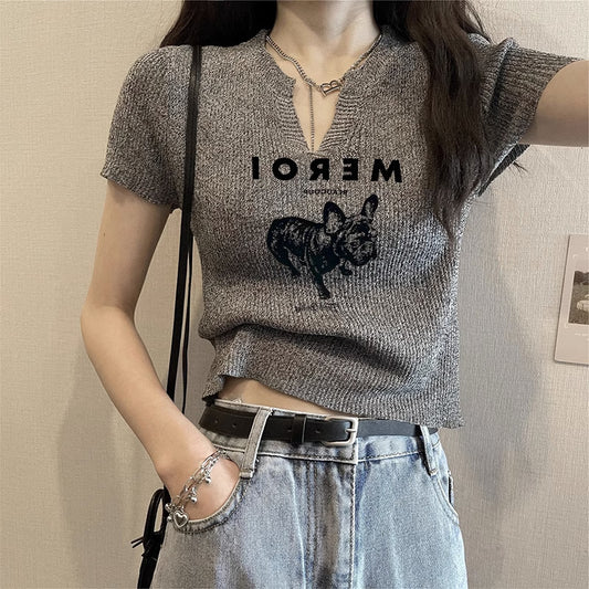 Women's Shoulder V-neck Short-sleeved T-shirt Design Sense