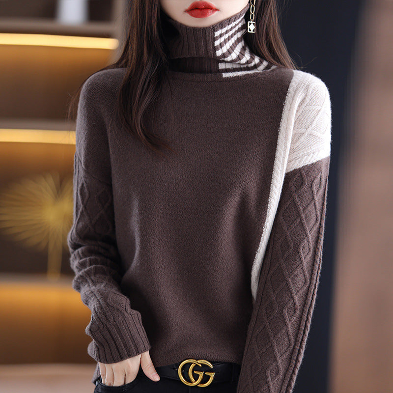 Women's Turtleneck Sweater Loose Contrast Color