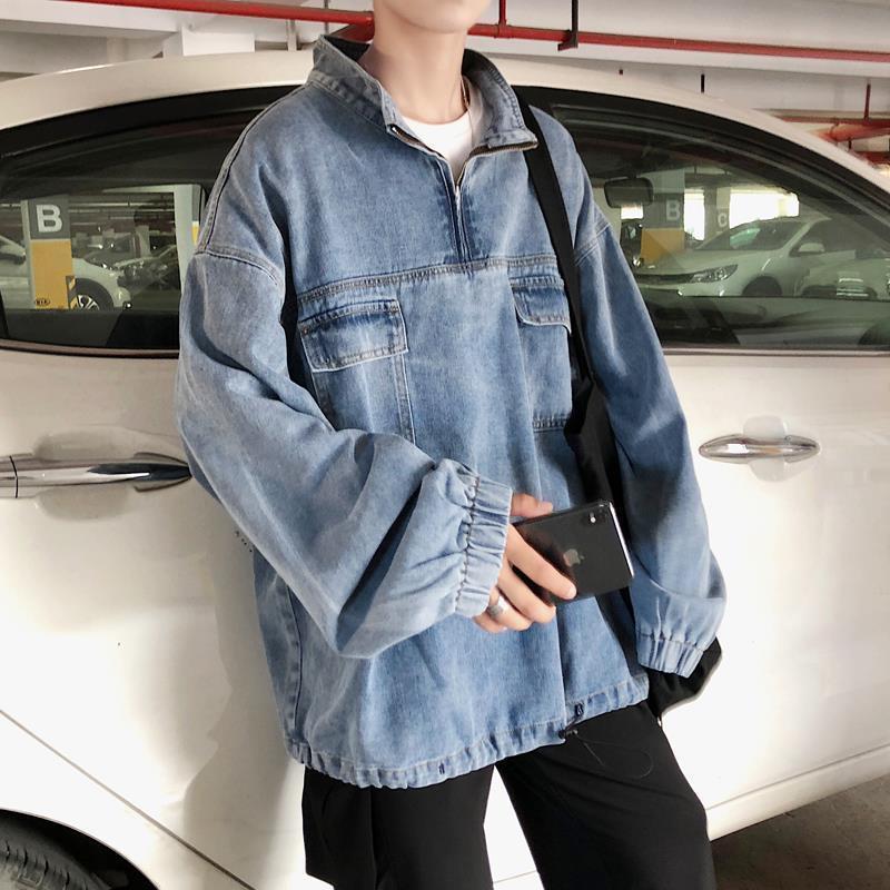 Stand Collar Jacket Men's Washed Denim Sweatshirt