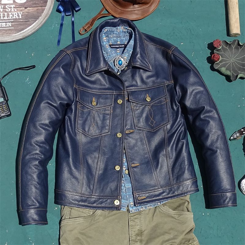 Head Layer Cowhide Knight Short Leather Jacket Top