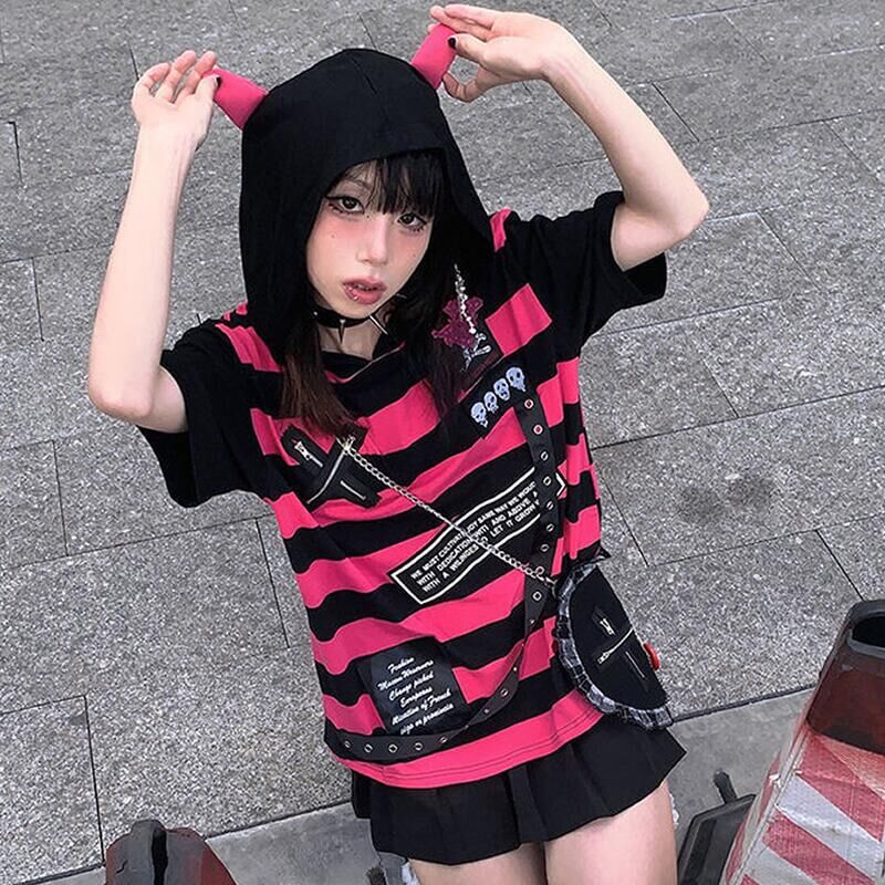 Striped Statement Hooded Cat Ears Hooded T-shirt