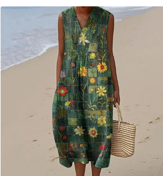 Womens Fashionable V-Neck Sleeveless Printed Dress