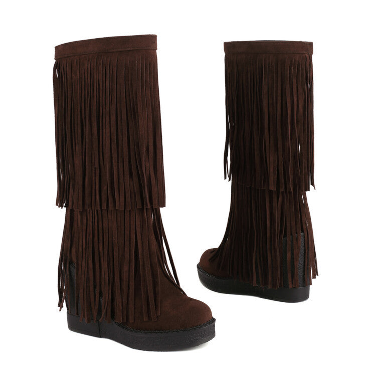 AutumnWinter Tassel Thick-Soled High-Heel Wedge Retro Fashion Womens Boots