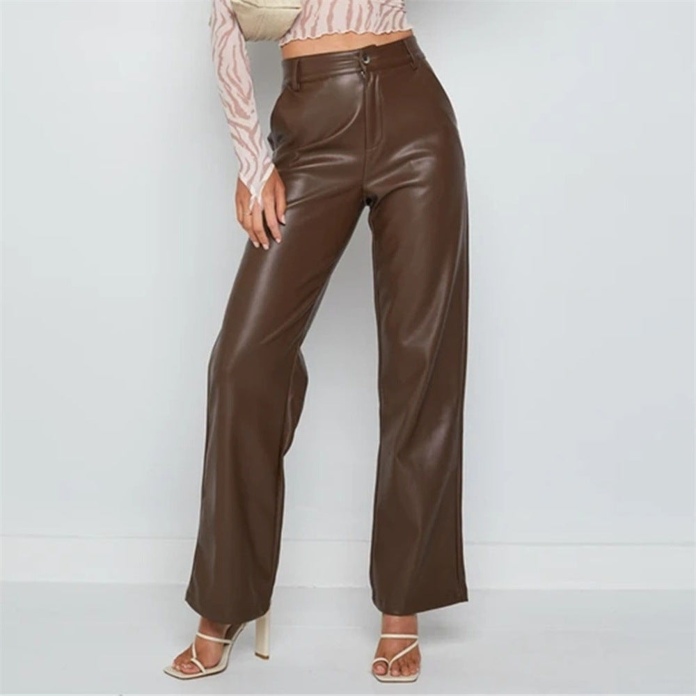 PU Trousers High Waist Loose Wide-leg Leather Pants Casual Trousers
