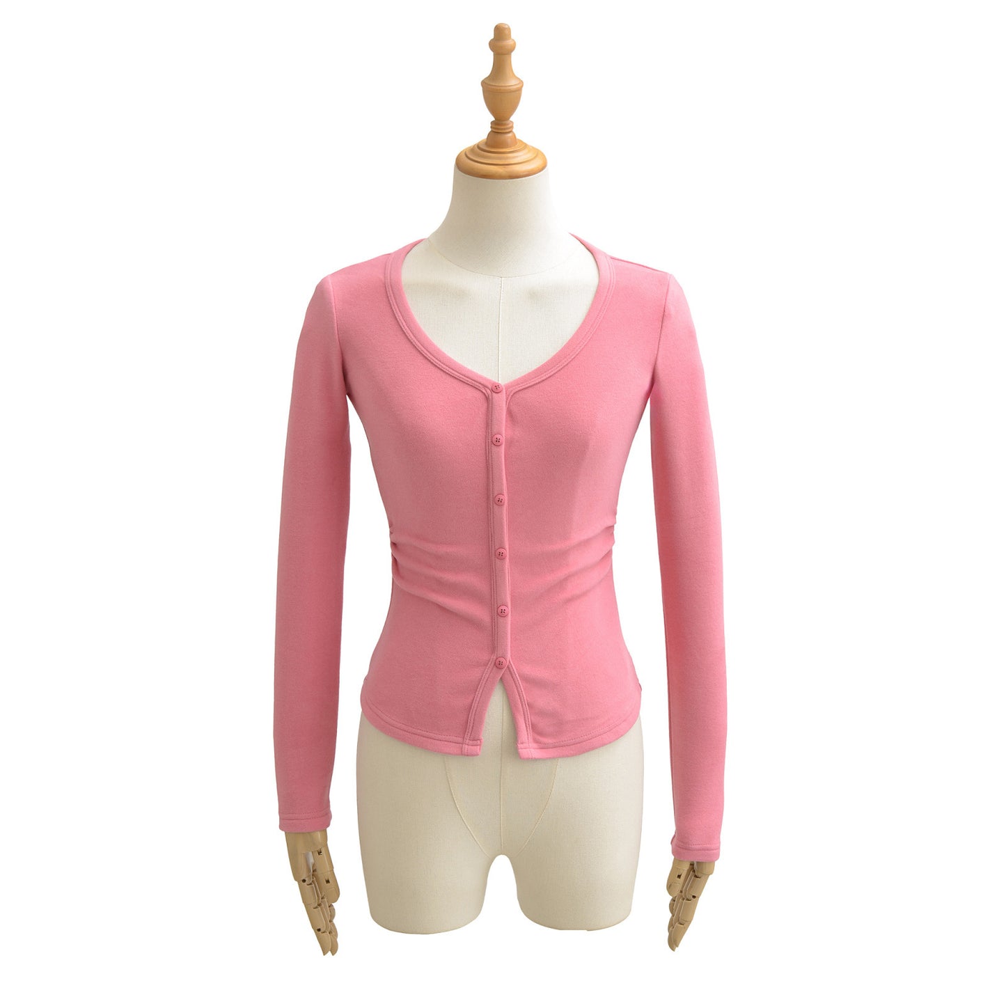 Macaron-colored V-neck Button-front Waist-cinching Top With Long Sleeves