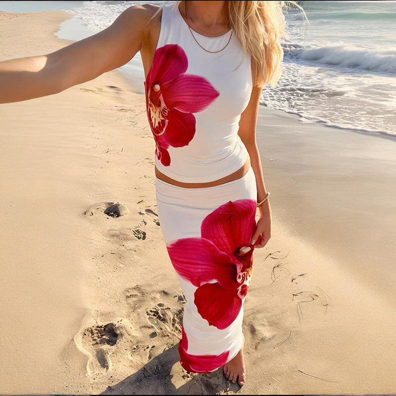 Chic Cinched-waist Floral Midi Skirt Set