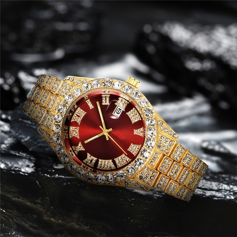 Diamond Roman Steel Belt Calendar Men's Quartz Watch