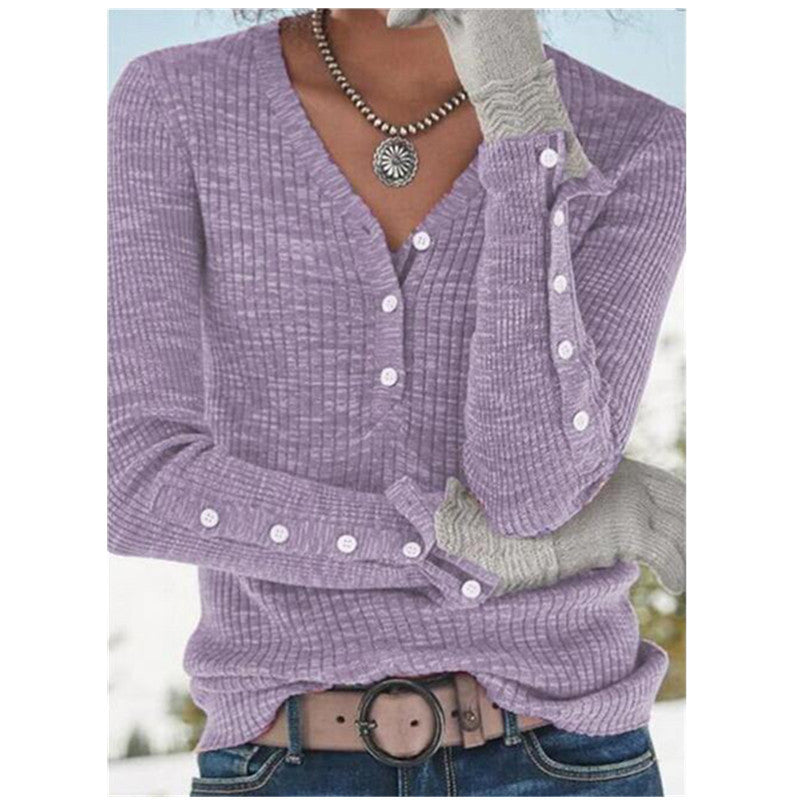 Women's Solid Color And V-neck Sweater Buttons