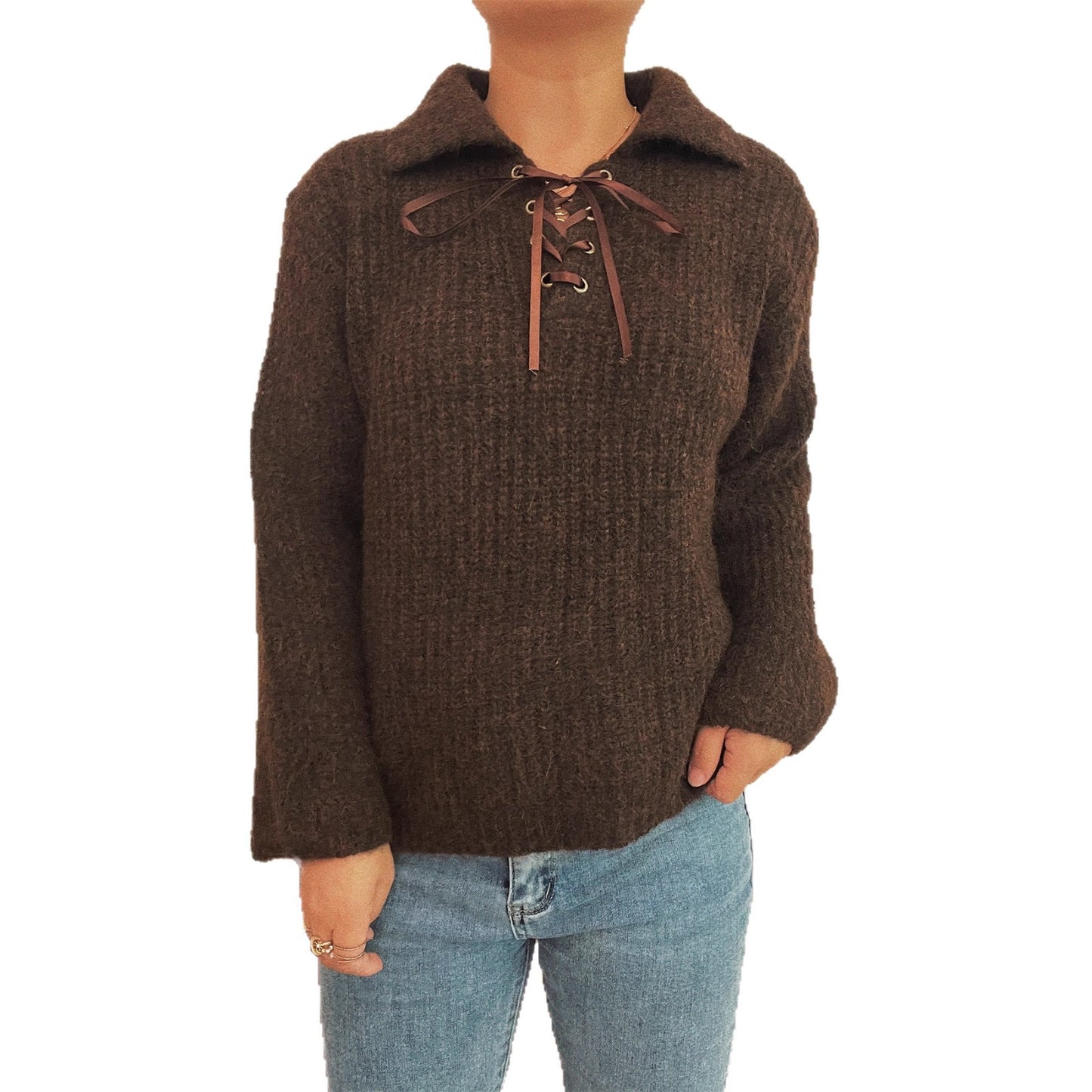 Simple Commute Lapel Tied Knitted Pullover Solid Color Loose Sweater