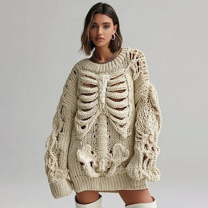 Womens Halloween Top Crew-neck Sweater With Faux Fur Details
