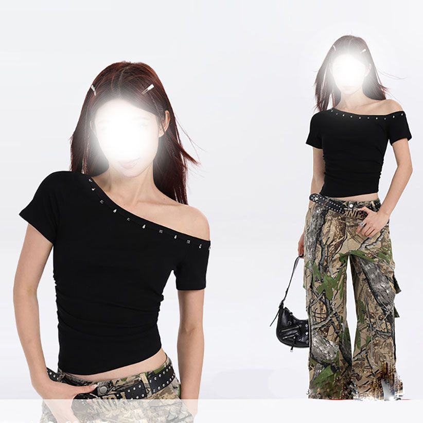 Womens Asymmetrical Off-Shoulder Short-Sleeve Slim-Fit Top