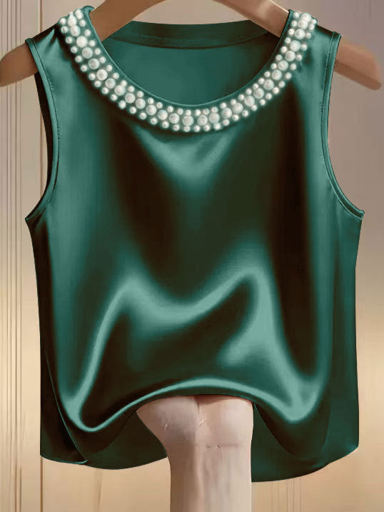 Dame Ensfarvet Rundhals Perleudsmykket Tanktop T-shirt
