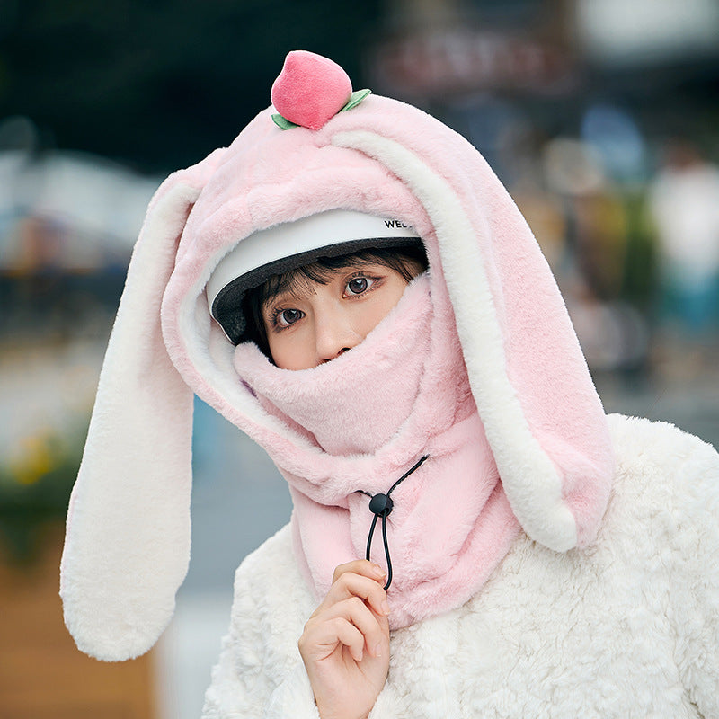 Winter Warm Peach Rabbit Mask Hat Scarf Integrated