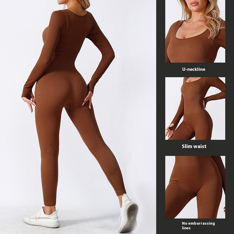 Seamless Yoga Jumpsuit Long Sleeve Dance Sports Workout Clothes High Elastic Belly Shaping