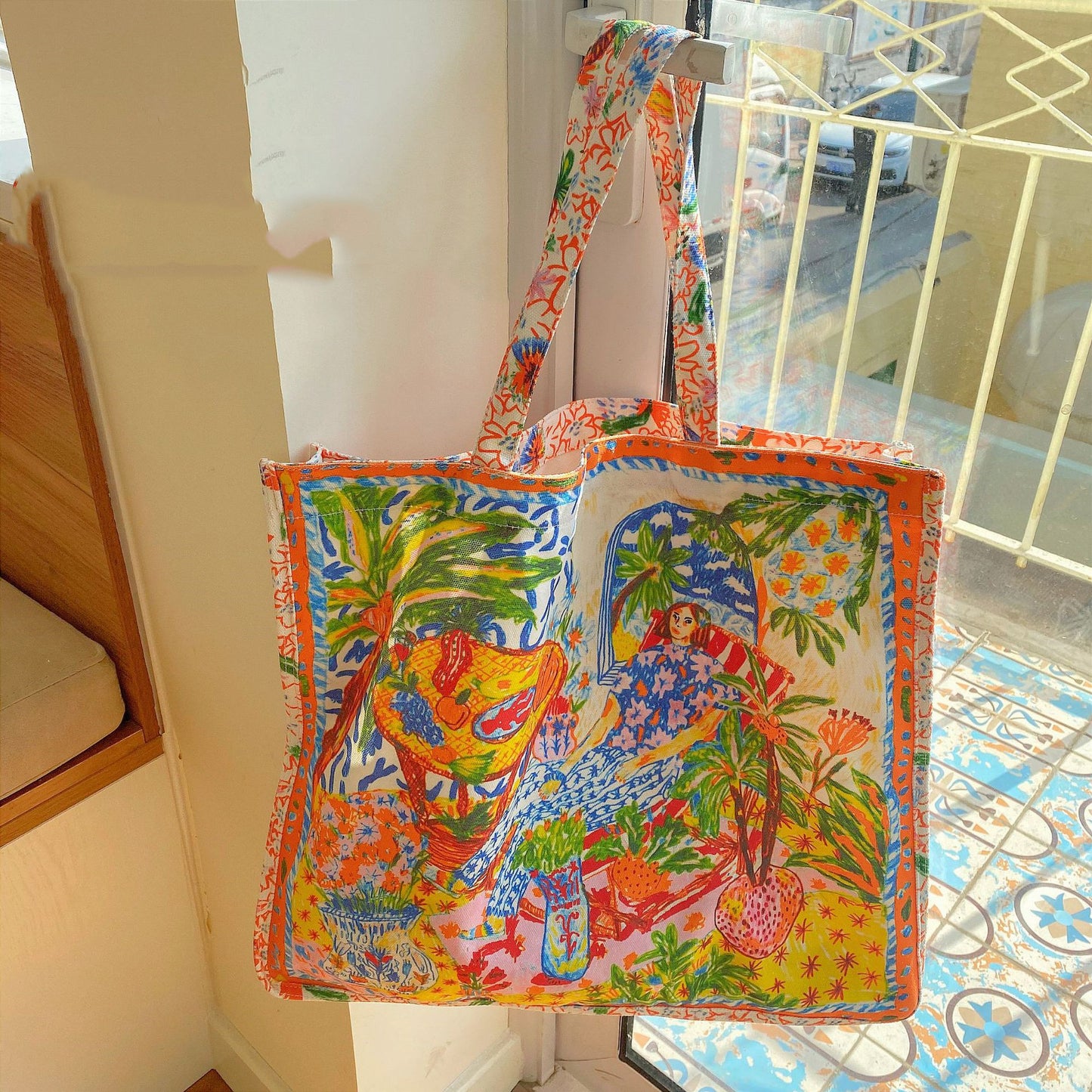 Double Sided Printed Canvas Bag Commuter Large Capacity Shoulder