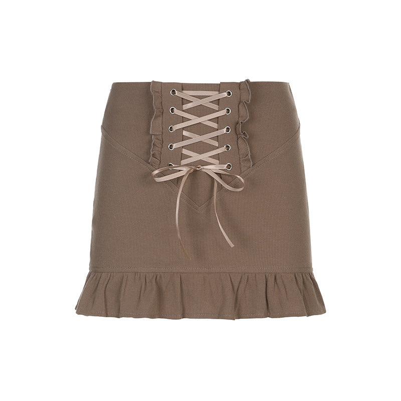 Women's Skinny Panel Lace-Up Brown Ruffle Pack Hip Skirt