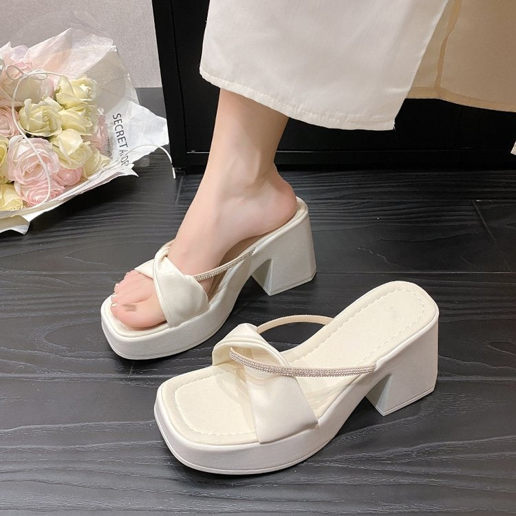 Summer New Women's Block Heel Square Toe Sandals Rhinestone One-Strap Beach Sandals