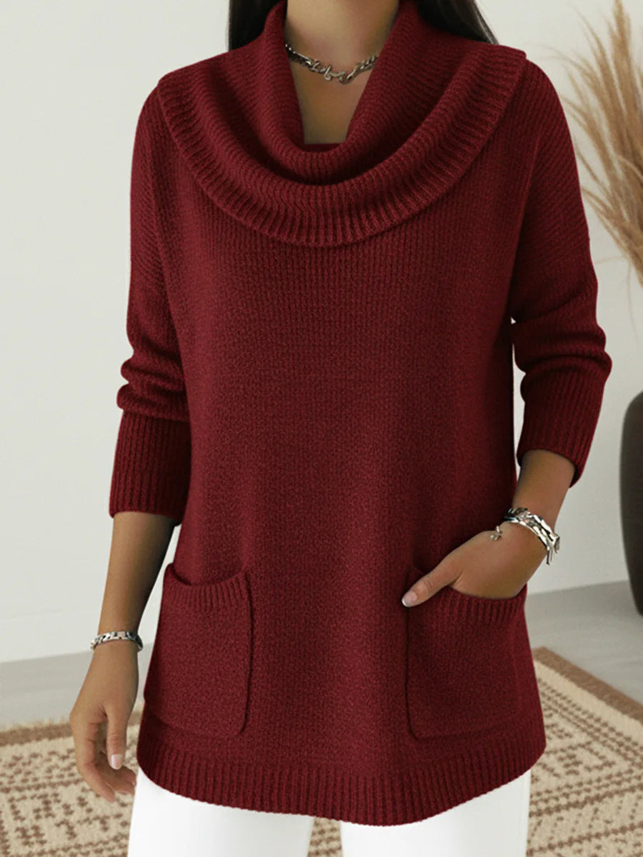 Solid-color Pocketed Long-sleeve Sweater