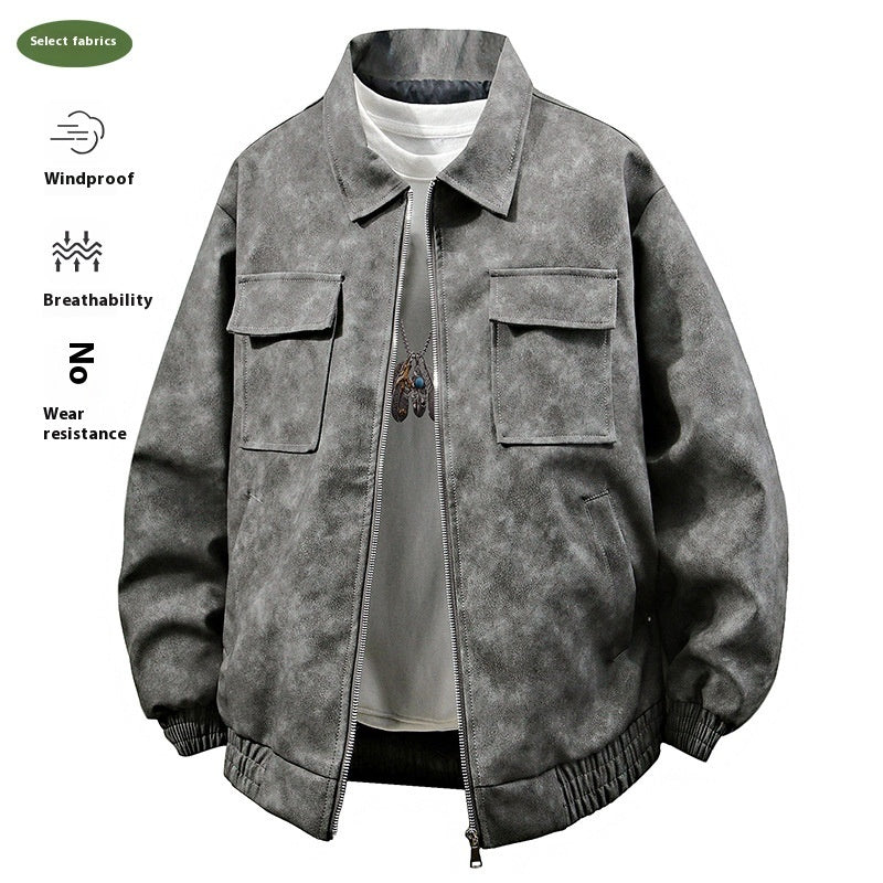 Stereo American Retro Hip Hop PU Leather Polo Collar Jacket