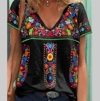 Women's Bohemian Print Round Neck Short Sleeve T-shirt Top