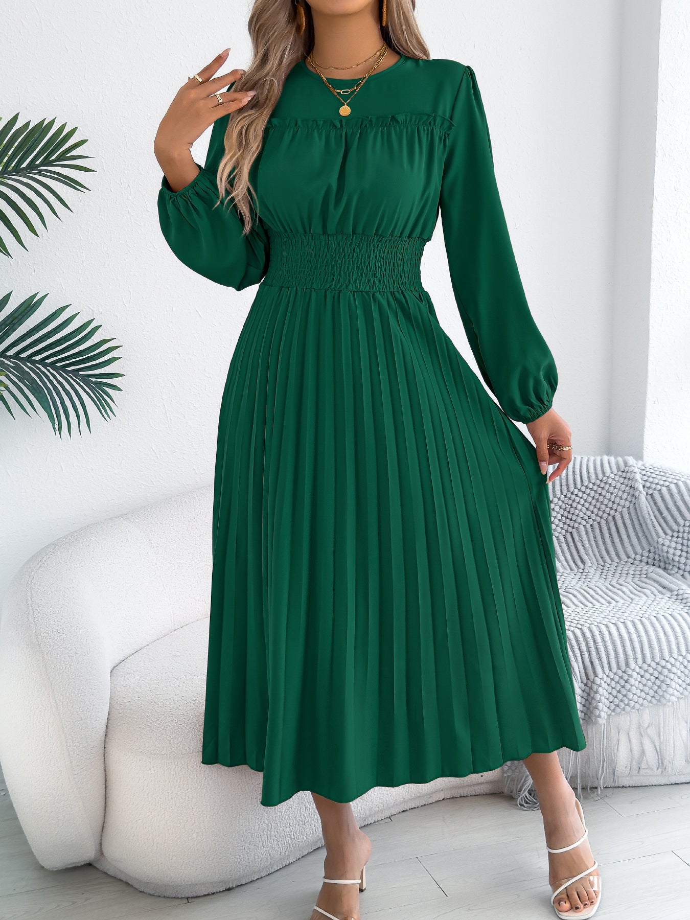 Elegant Ruffled Long-sleeve Cinched-waist Pleated Maxi Dress