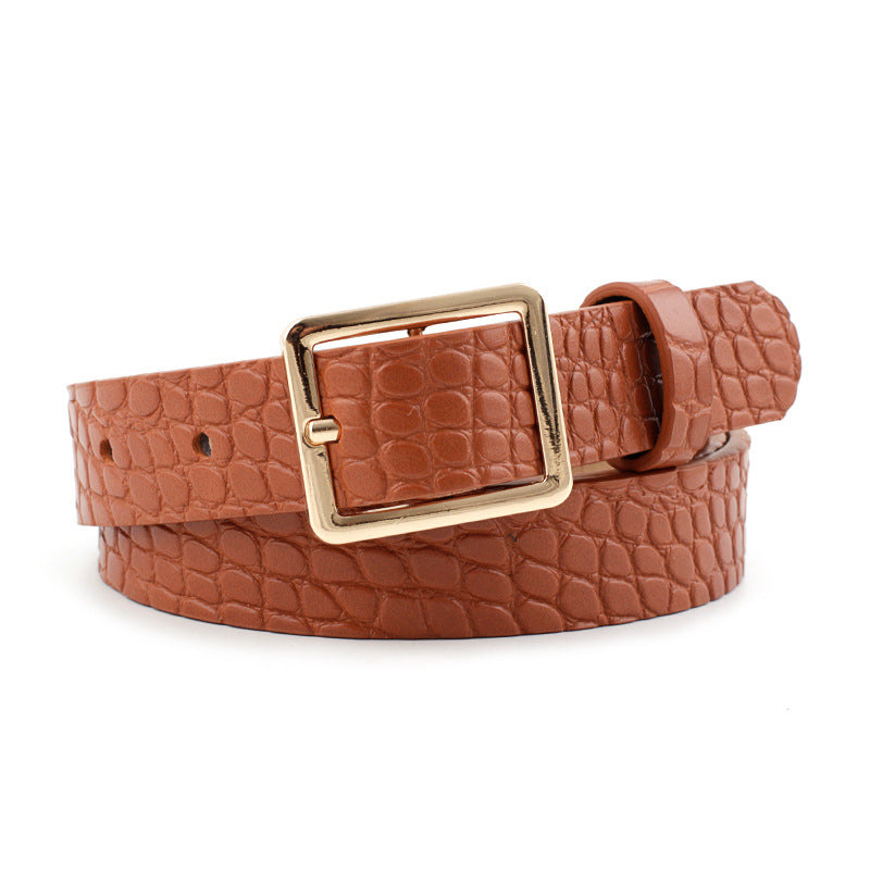Ladies Square Button Jeans Dress Faux Leather Belt